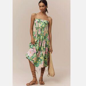 Farm Rio Anthropologie Linen Blend Tie-Strap Sweetheart Midi Dress M NWT Floral